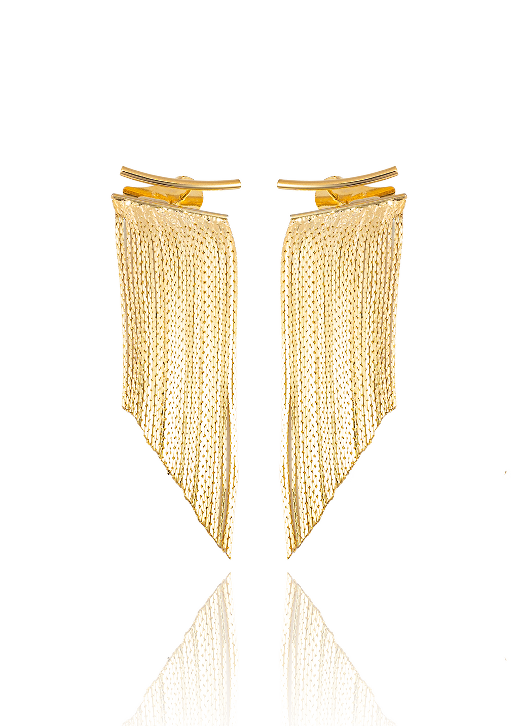A pair of elegant gold fringe chain drop earrings displays a cascading tassel design against a white background.