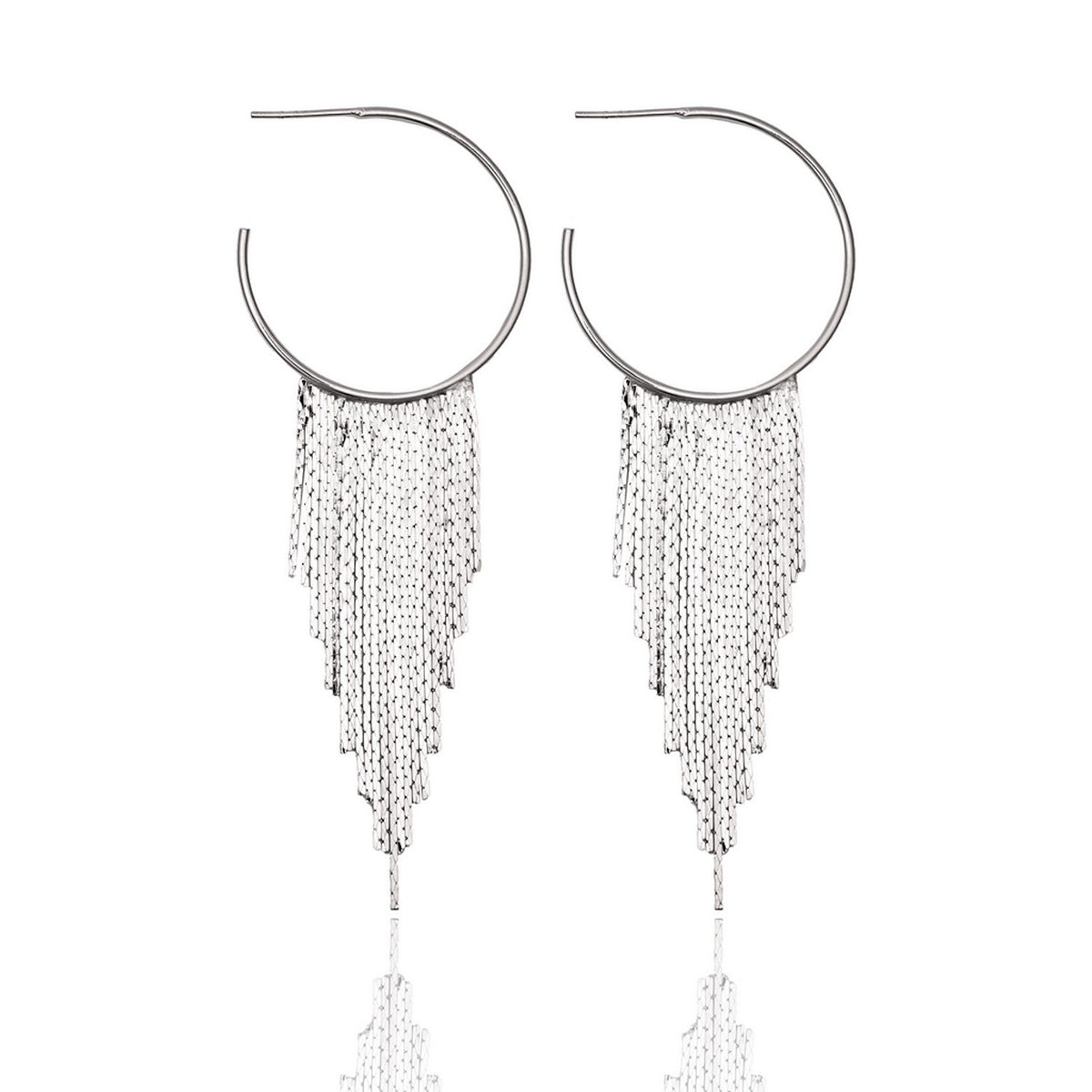 A pair of silver hoop earrings features cascading fringe dangles on a white background.