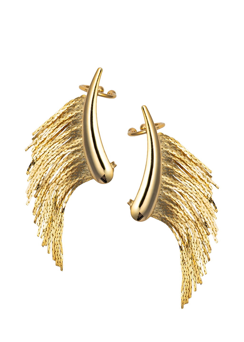 A pair of glamorous gold feather-shaped earrings dangle dramatically against a plain white background.