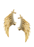 A pair of glamorous gold feather-shaped earrings dangle dramatically against a plain white background.