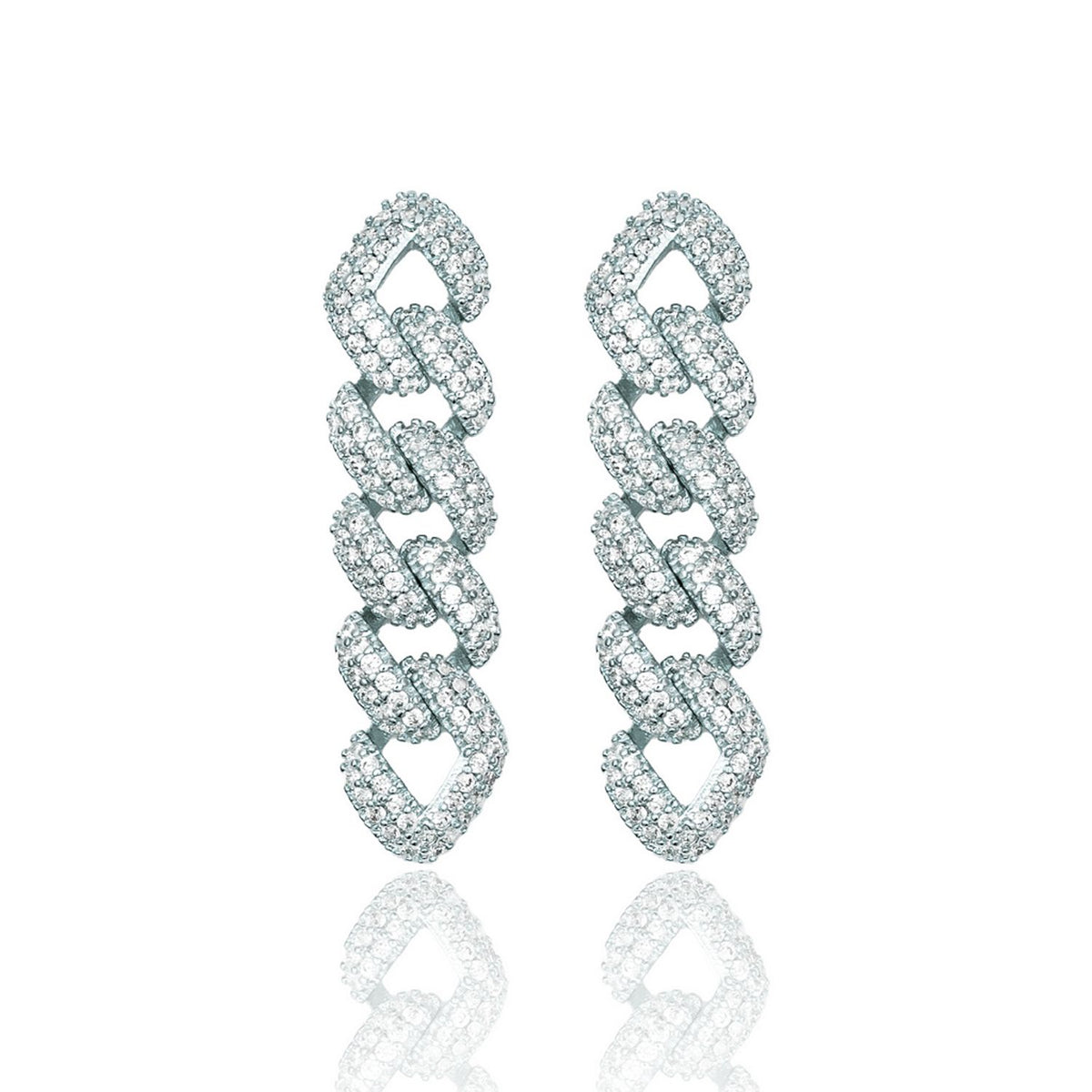 A pair of diamond-encrusted cuban link drop earrings gleams against a clean white background.
