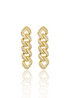 A pair of gold cuban link drop earrings encrusted with sparkling cubic zirconia stones stands upright against a plain white background.