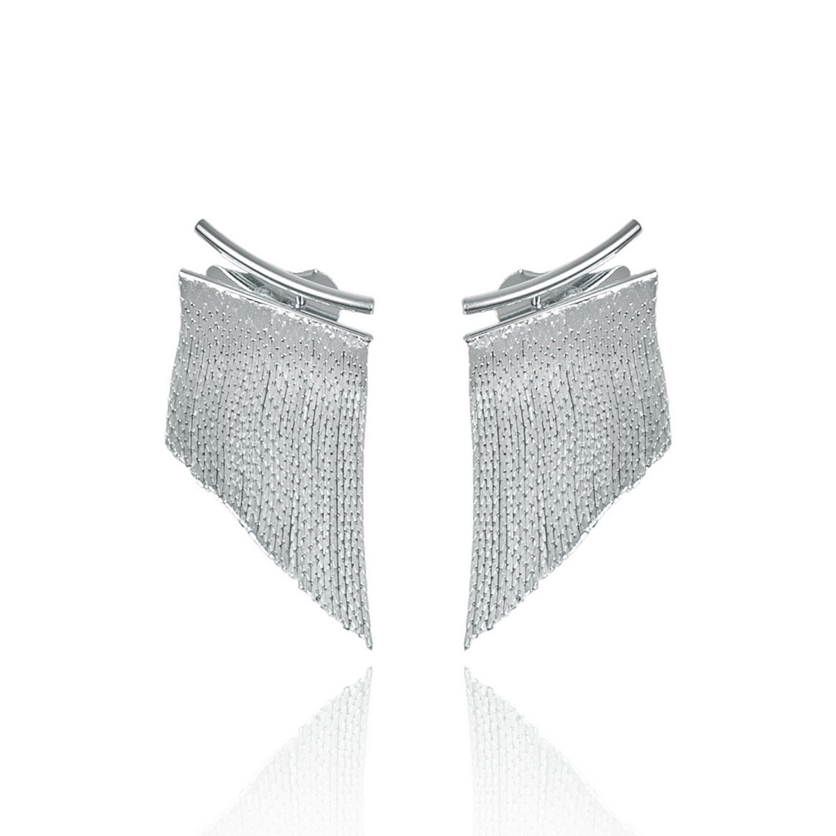 A pair of silver fringe earrings with a curved top bar rests against a clean white background.
