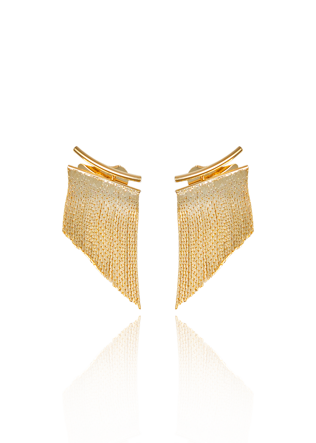 A pair of gold tassel earrings with textured bar tops displayed against a clean white background.