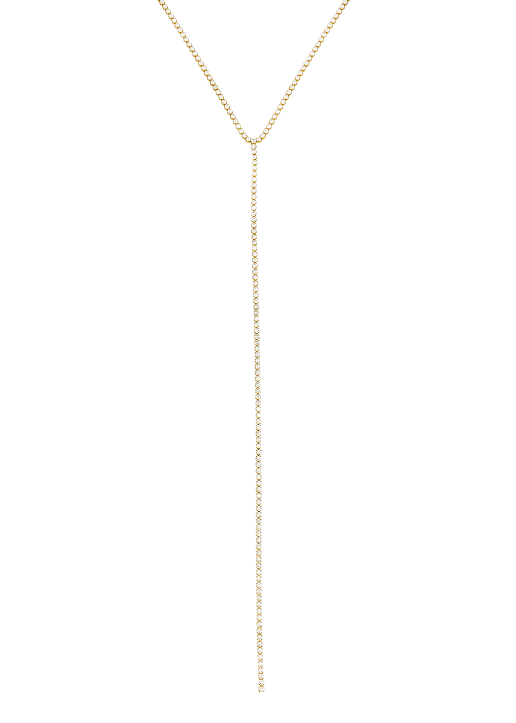 A delicate gold lariat necklace sparkles with a continuous line of tiny diamonds against a clean white background.