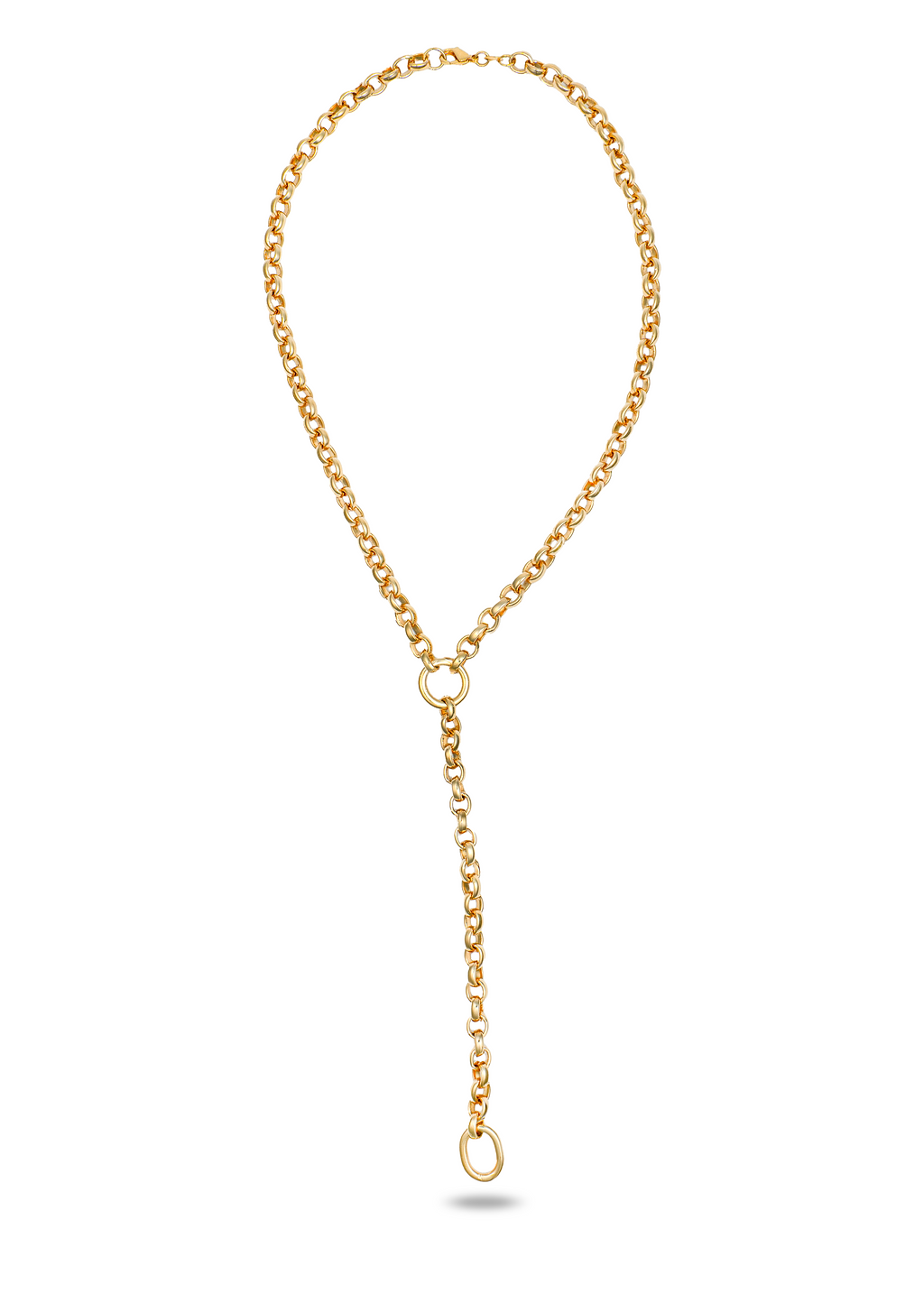 A thick gold lariat necklace featuring interconnected round links shines against a white background.