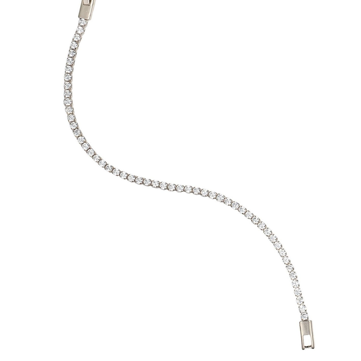 A delicate diamond tennis bracelet curves across a clean white background, showcasing a continuous line of sparkling round-cut stones set in white gold.