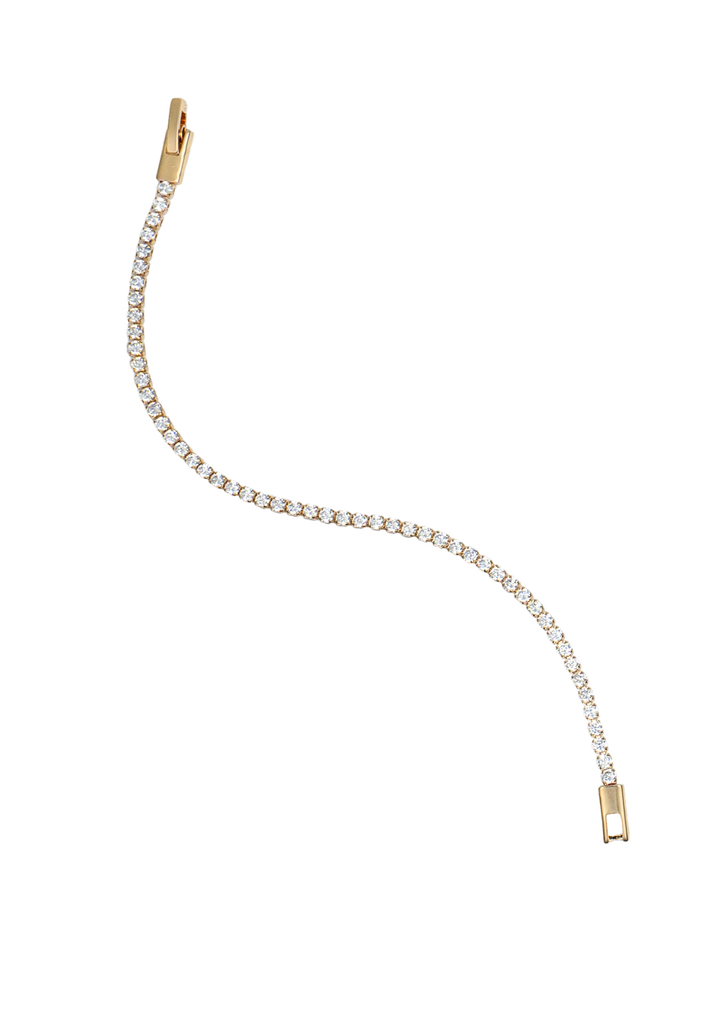 A delicate gold tennis bracelet sparkles with a continuous line of round diamonds against a plain white background.