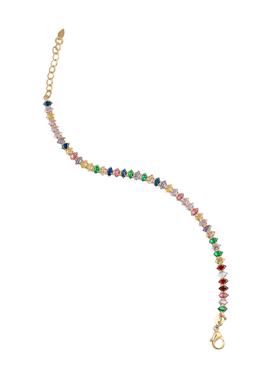 A delicate gold tennis bracelet sparkles with multicolored marquise-cut cubic zirconia stones against a white background.