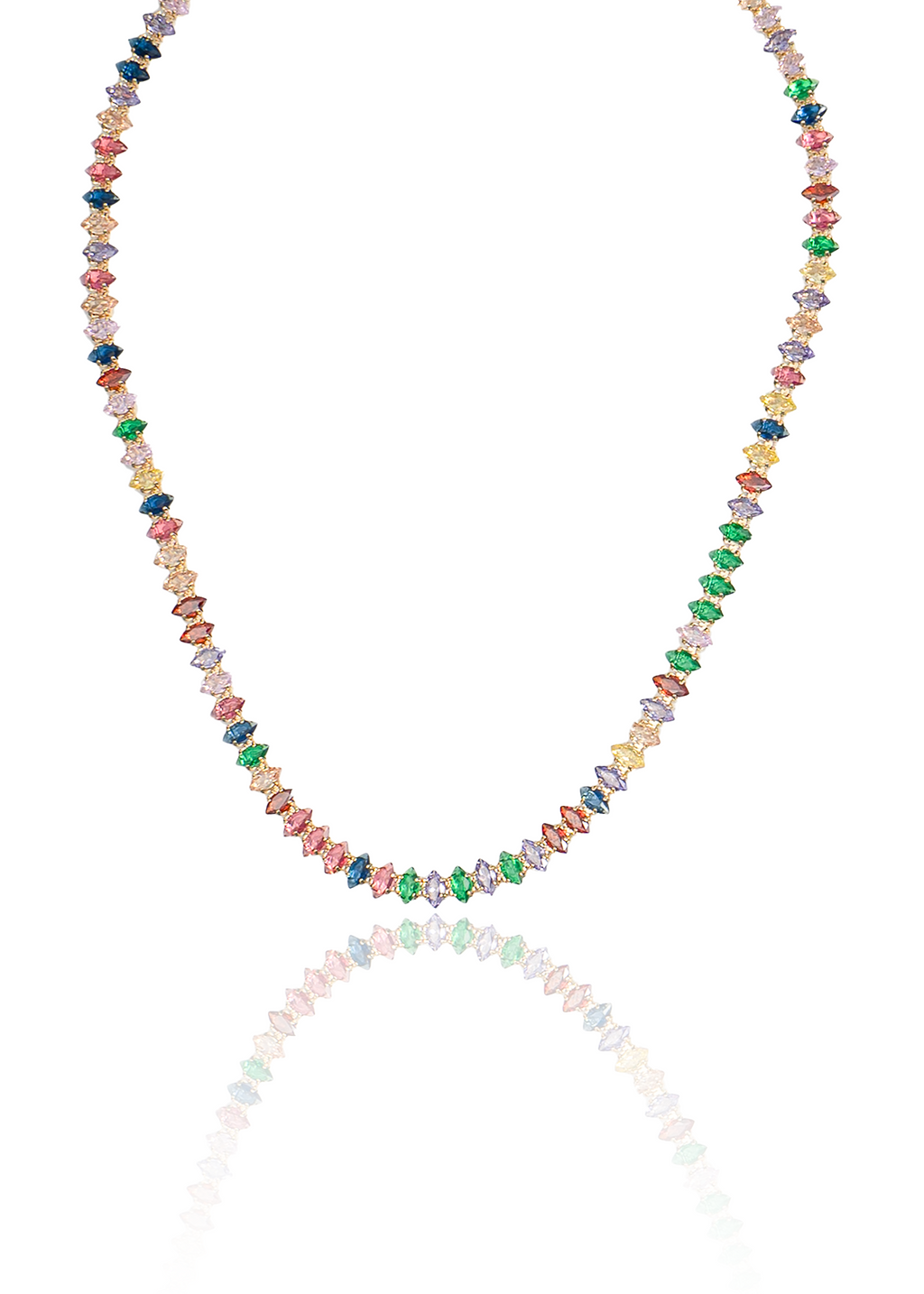 A vibrant gemstone tennis necklace sparkles against a clean white background with its reflection showing below.