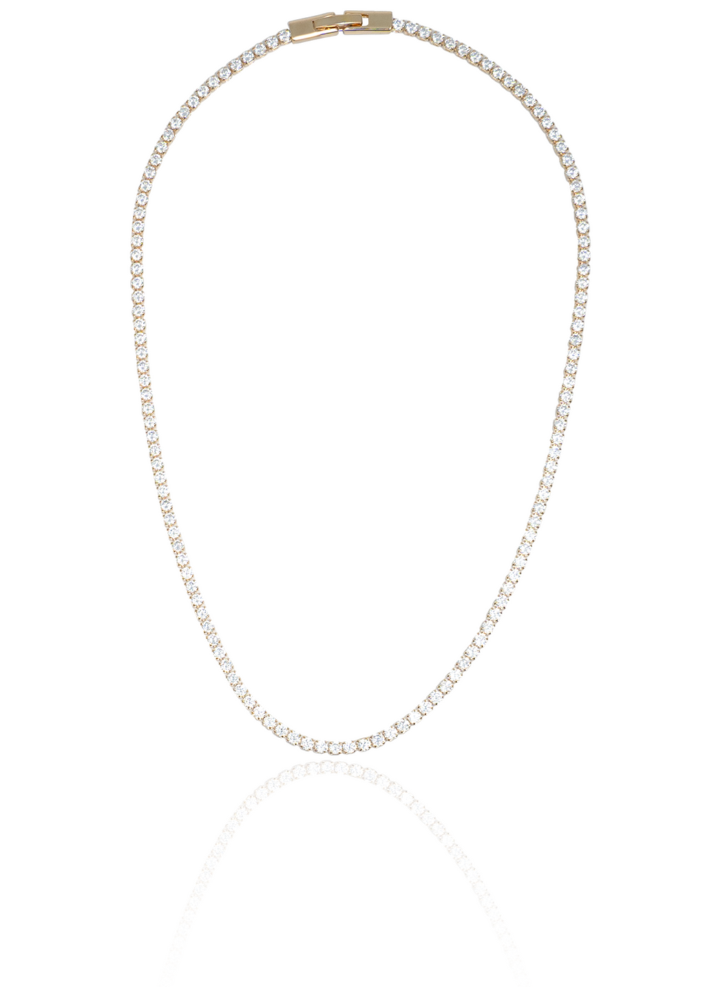 A gold tennis necklace featuring a continuous line of sparkling diamonds lies displayed against a clean white background.