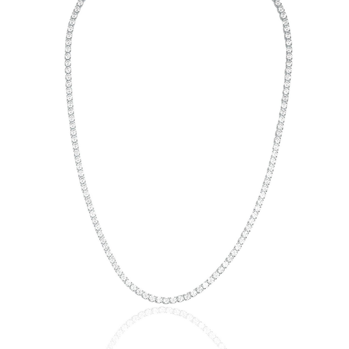 A sparkling diamond tennis necklace rests in a graceful curve against a clean white background.