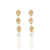 Gold Puffed Mariner Link Earrings With A Fresh Water Pearl For 18K Gold Filled Dangle Drop (K289)