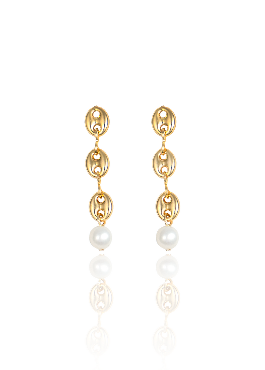A pair of elegant gold chain earrings featuring linked oval motifs and dangling white pearls is displayed against a clean white background.