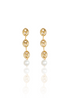 A pair of elegant gold chain earrings featuring linked oval motifs and dangling white pearls is displayed against a clean white background.