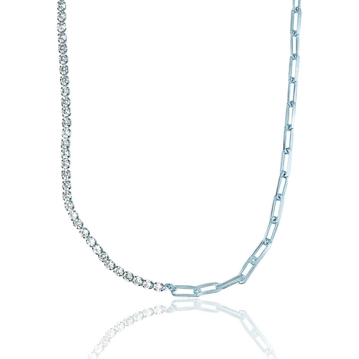 A striking half-tennis half-paperclip chain necklace combines sparkling round diamonds on one side with sleek interlocking metal links on the other.