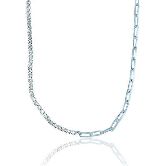 A striking half-tennis half-paperclip chain necklace combines sparkling round diamonds on one side with sleek interlocking metal links on the other.
