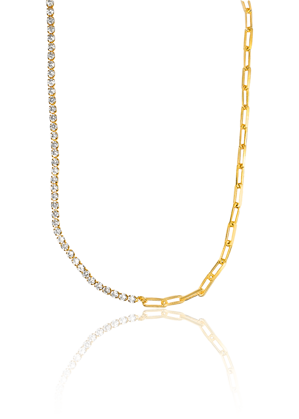 A gold necklace features a sparkling diamond tennis chain on one side and a modern paperclip chain on the other, creating a unique half-and-half design.