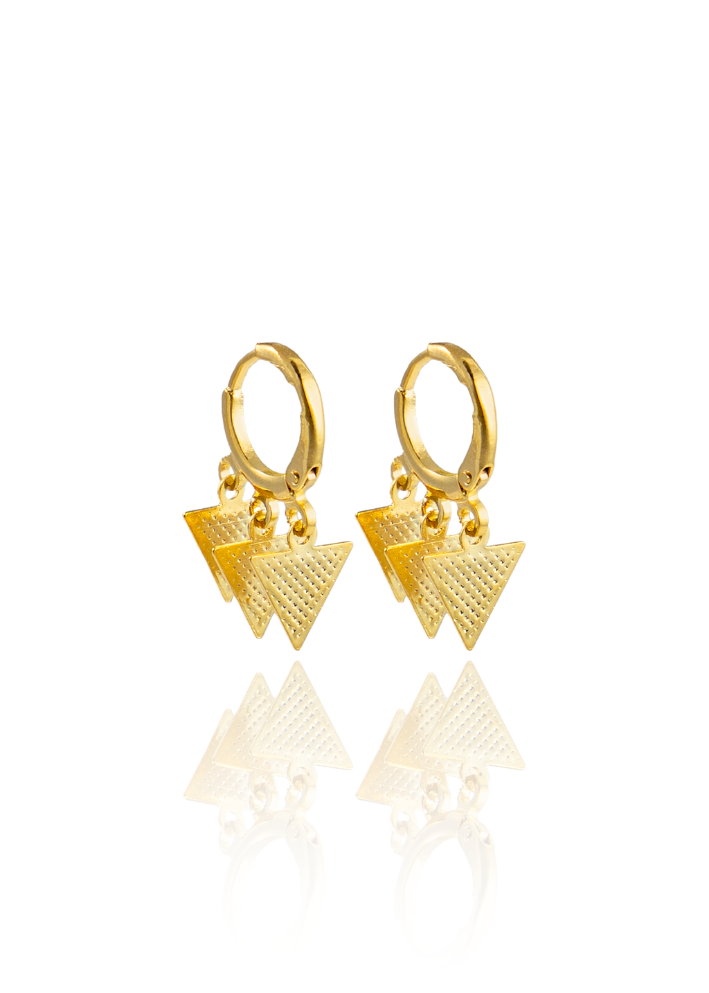A pair of gleaming gold hoop earrings features dangling, textured triangular charms against a crisp white background.