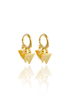 A pair of gleaming gold hoop earrings features dangling, textured triangular charms against a crisp white background.