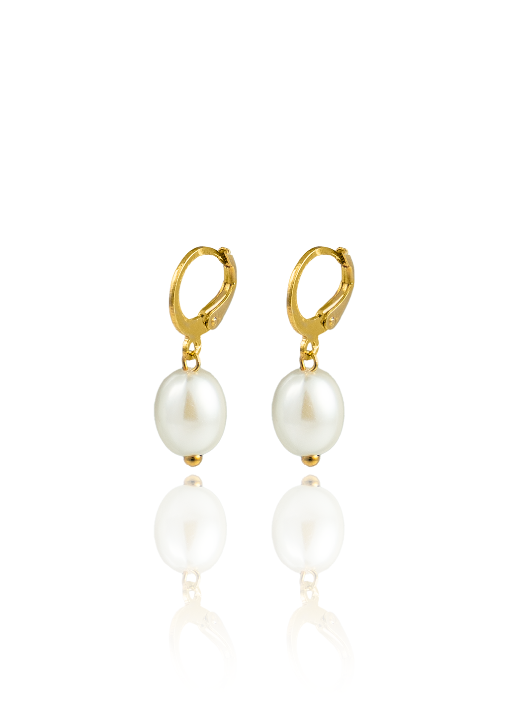 A pair of elegant gold hoop earrings featuring dangling white baroque pearls are displayed against a clean white background with a soft reflection below.