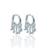 A pair of silver hoop earrings features dangling crescent moon charms against a clean white background.