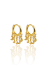 A pair of gold huggie hoop earrings features dangling crescent moon charms against a white background.