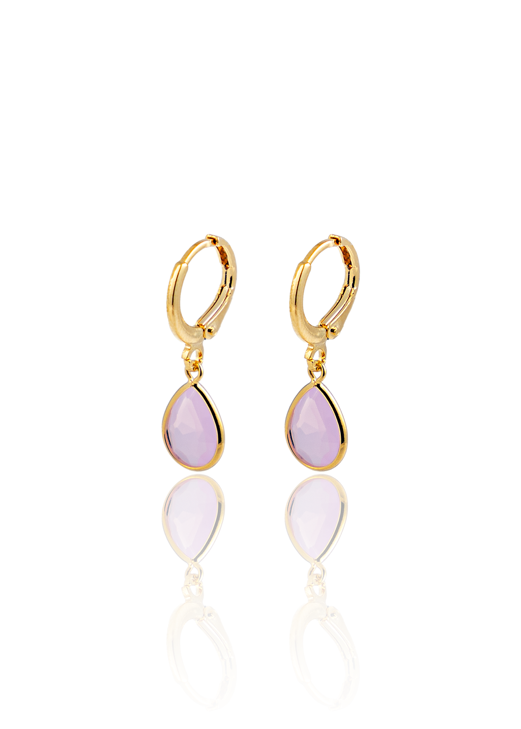 A pair of elegant gold hoop earrings features dangling teardrop-shaped pink gemstones against a clean white background.