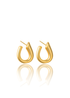 A pair of chunky gold hoop earrings rests on a reflective white surface, showcasing their bold teardrop design.