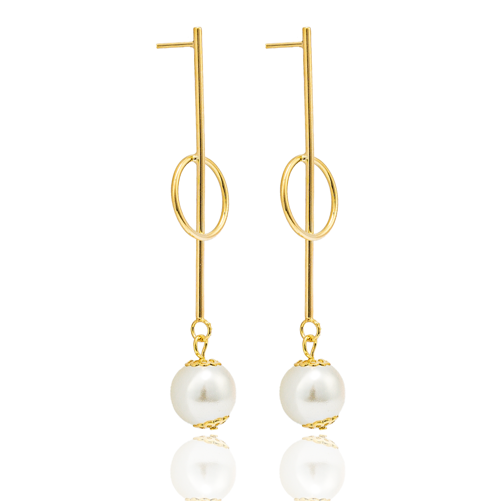 A pair of elegant gold-plated drop earrings features a vertical bar intersecting with a delicate oval ring, finished with dangling white pearls.
