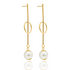 A pair of elegant gold-plated drop earrings features a vertical bar intersecting with a delicate oval ring, finished with dangling white pearls.