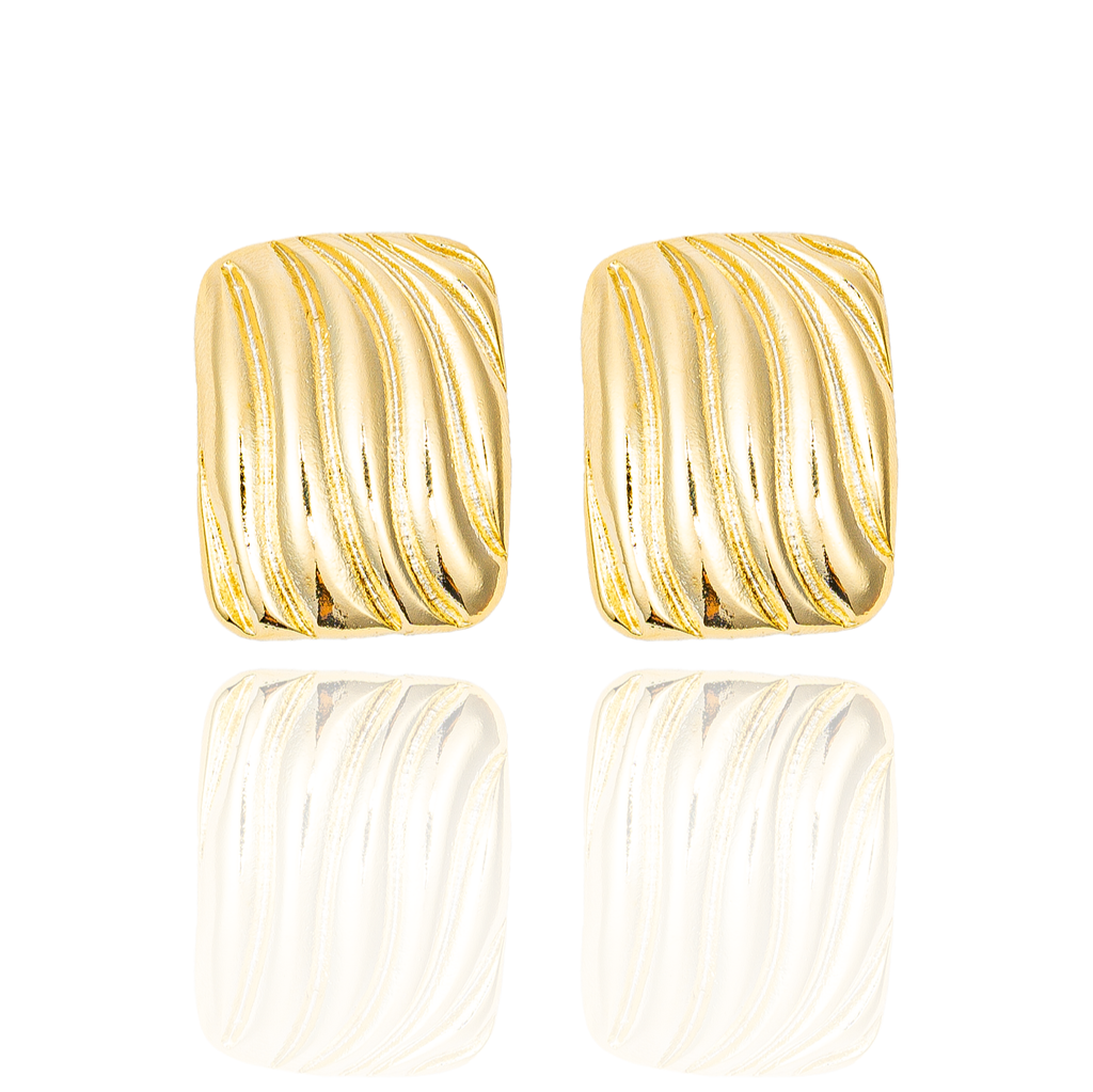 Two shiny gold geometric earrings display vertical ribbed patterns against a clean white background.