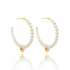 A pair of elegant gold hoop earrings features a delicate arrangement of white faux pearls and a small hanging gold heart charm against a clean white background.