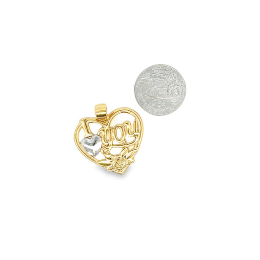 A gold and silver "I love you" heart pendant rests next to a quarter for size comparison.