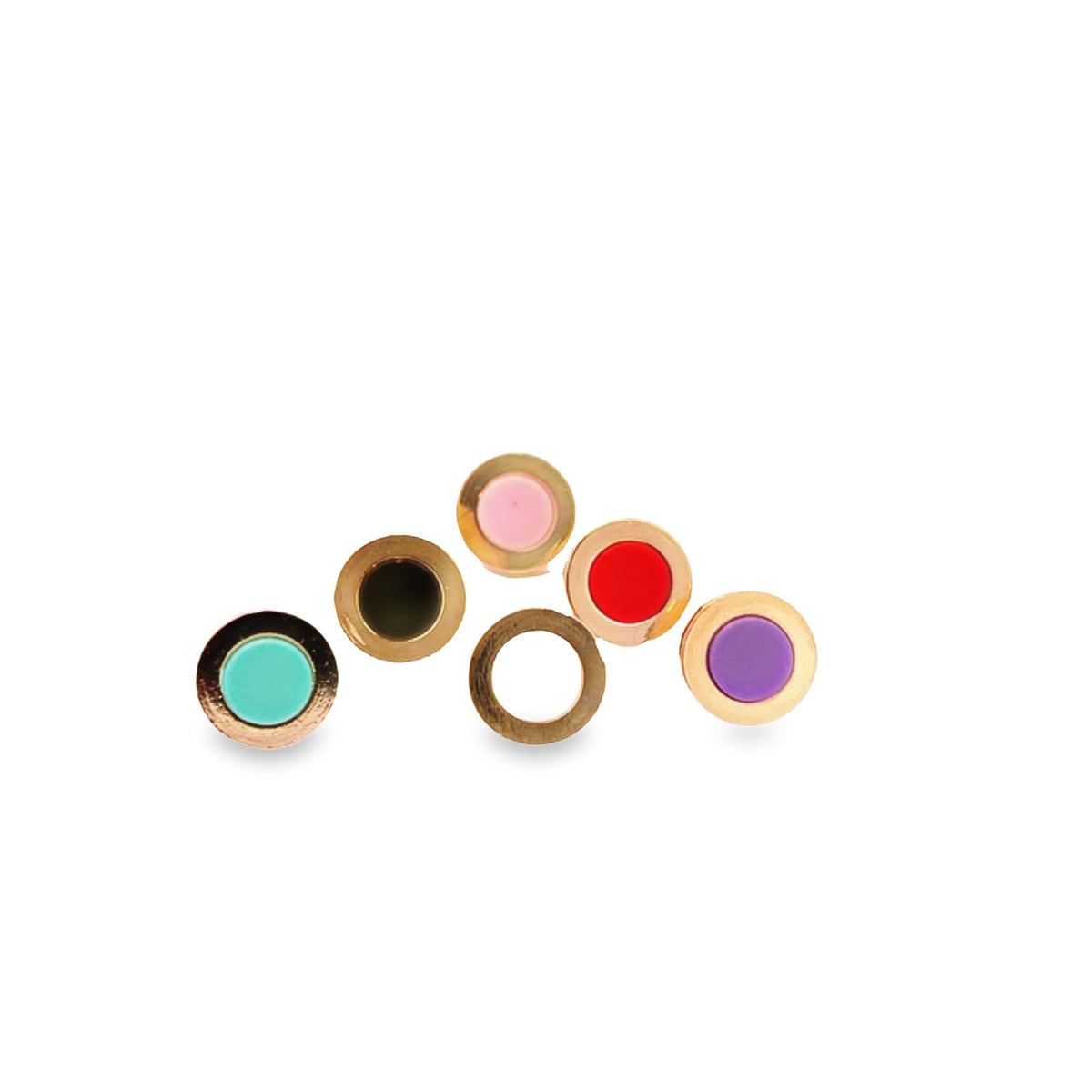 A collection of round, colorful enamel stud earrings featuring turquoise, pink, red, purple, and hollow gold designs rests against a clean white background.