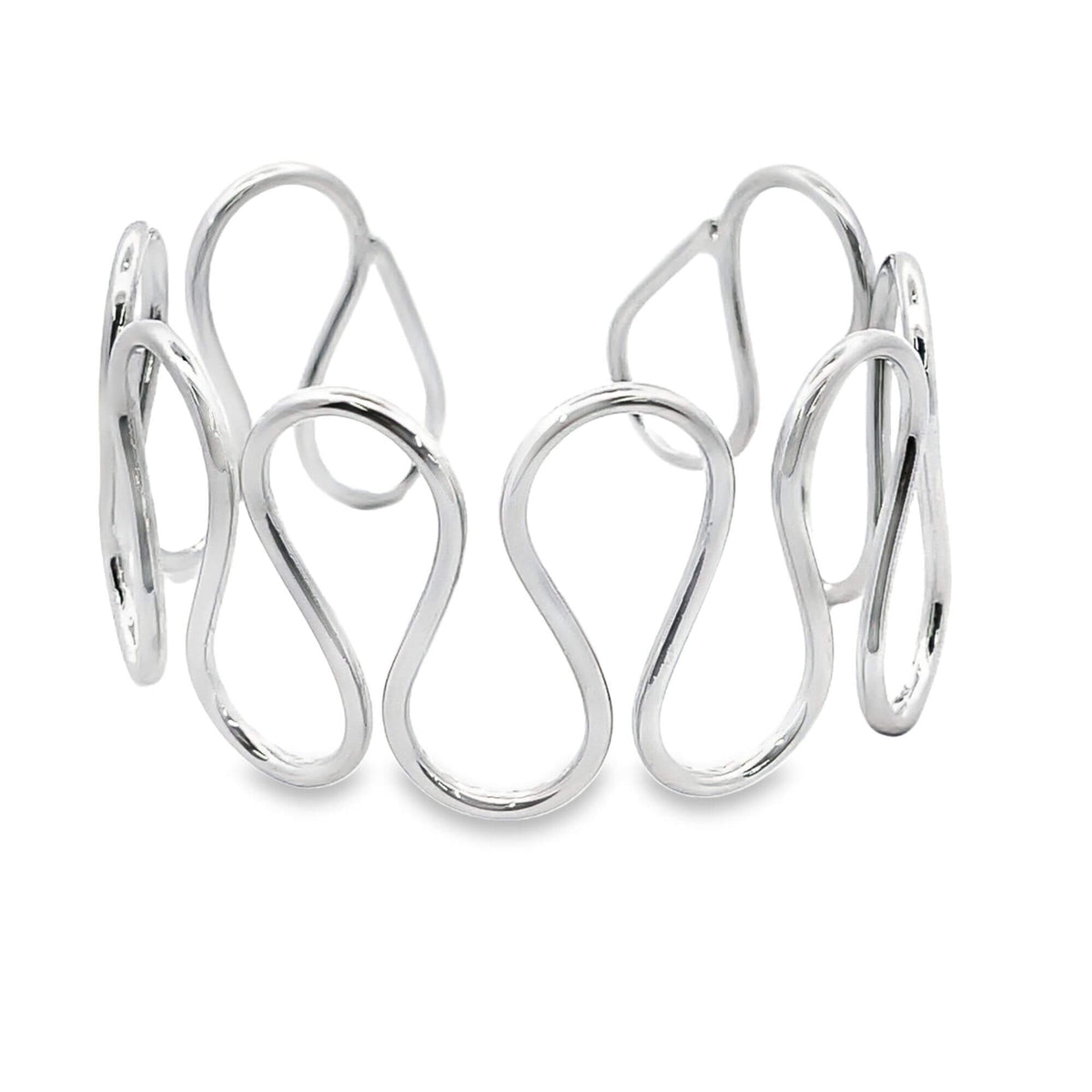 A polished silver cuff bracelet showcases an intricate, continuous wave design against a plain white background.