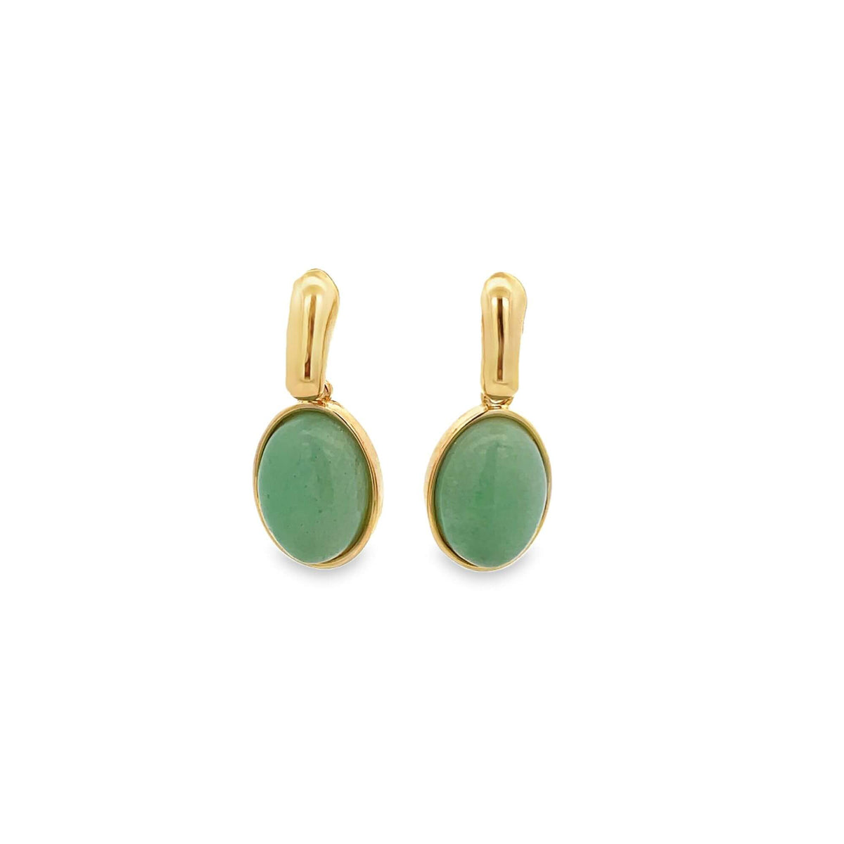 A pair of elegant gold-plated drop earrings featuring smooth, oval green stones against a clean white background.