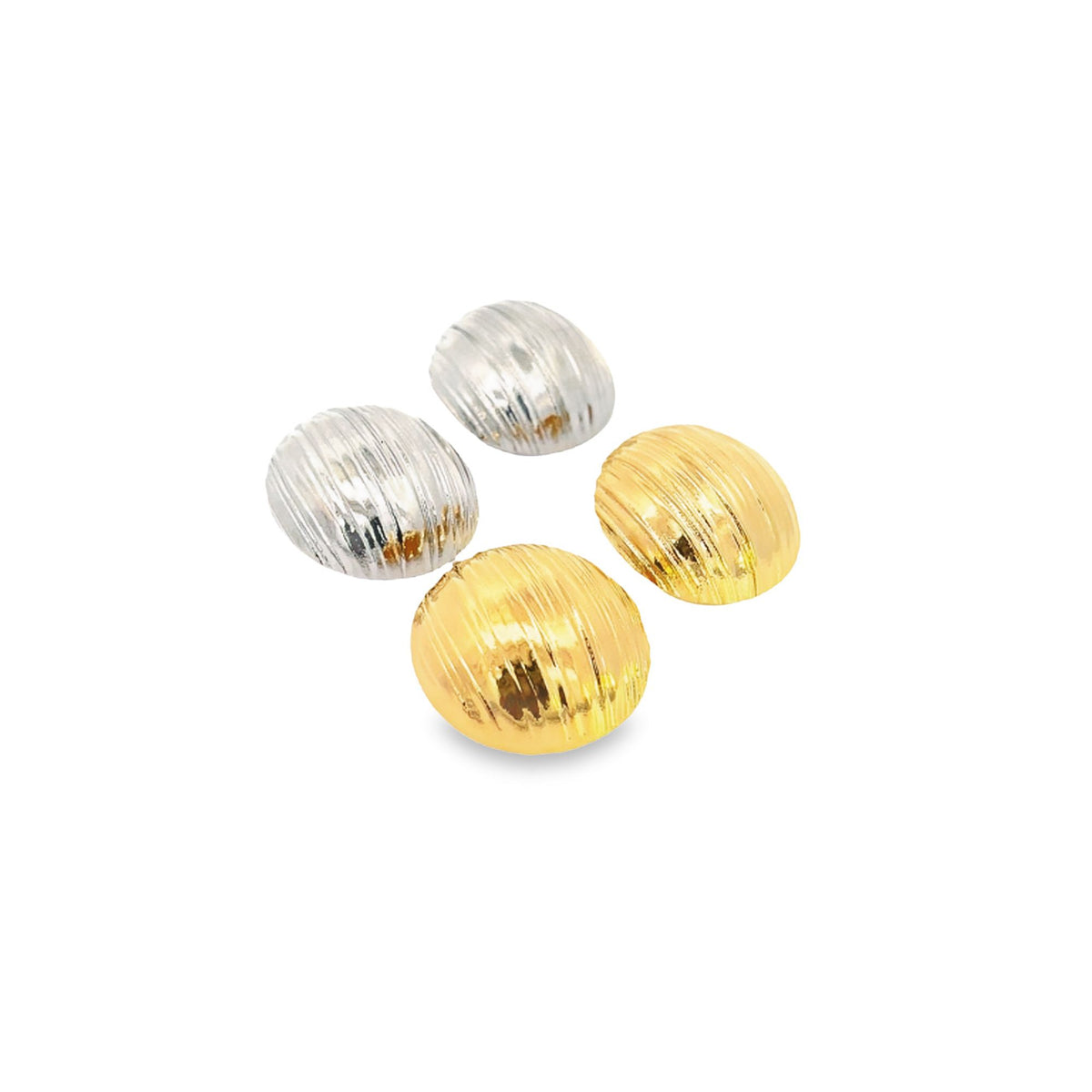 A collection of four metallic dome-shaped earrings features two silver and two gold pieces, each with a textured, ribbed finish.