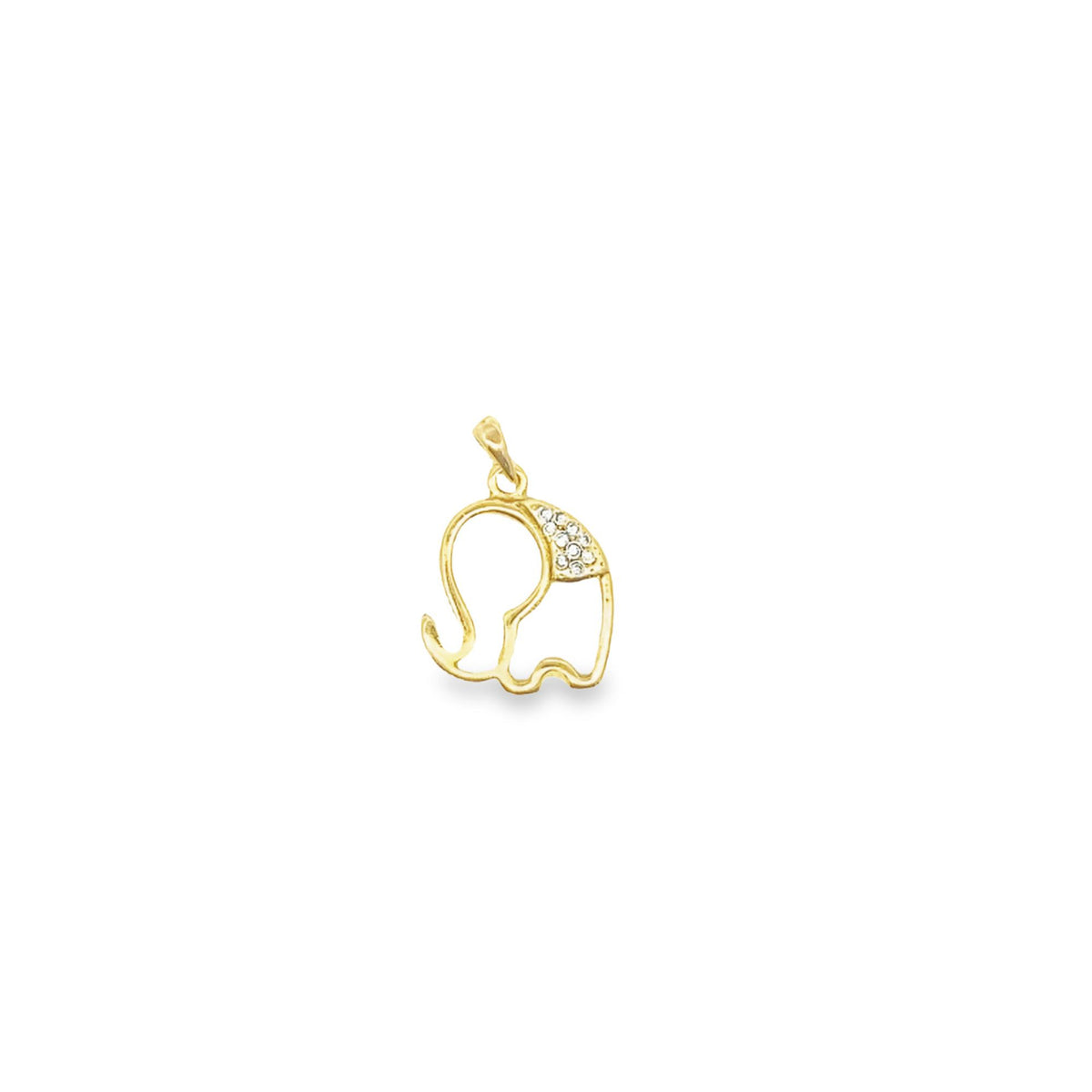 A delicate gold elephant pendant features sparkling diamond accents on its ear against a clean white background.