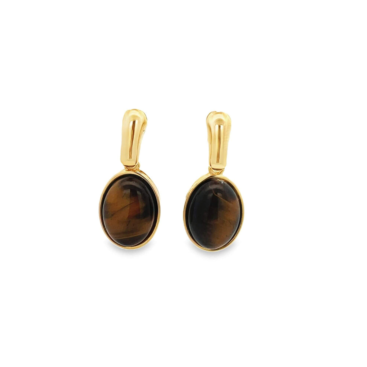 A pair of gold earrings featuring oval tiger's eye gemstones display rich brown chatoyant patterns against a clean white background.