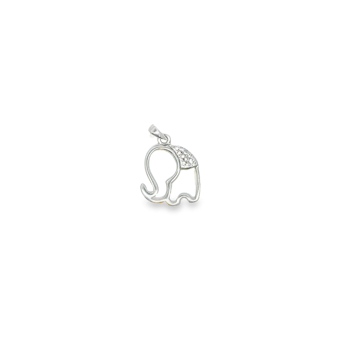 A delicate silver elephant pendant adorned with sparkling pavé diamonds rests against a plain white background.
