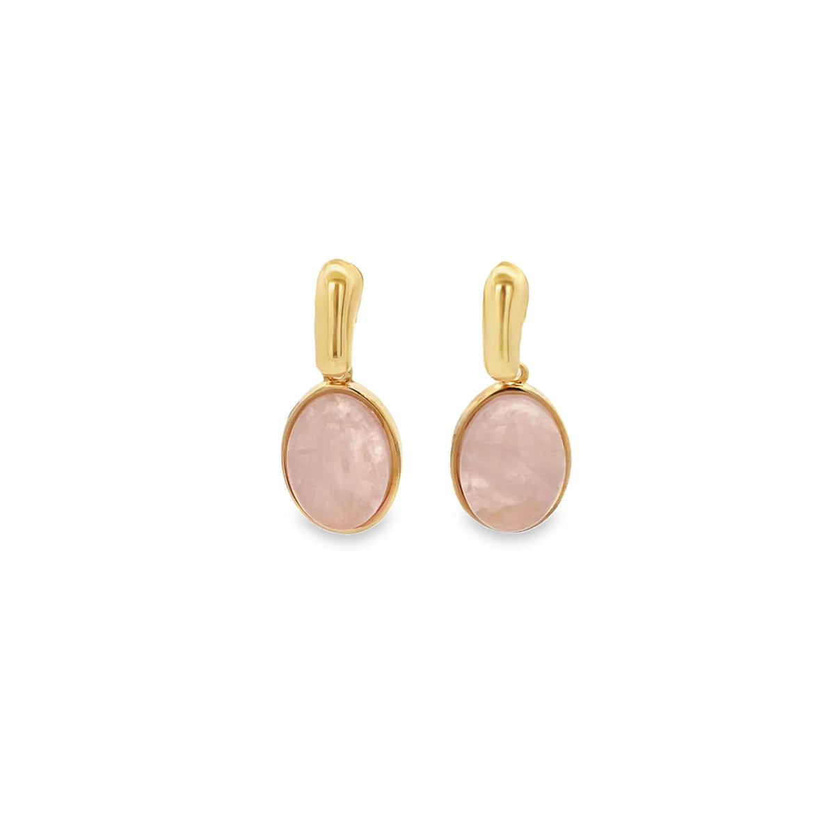 A pair of gold earrings featuring oval-shaped pink quartz gemstones hangs against a clean white background.