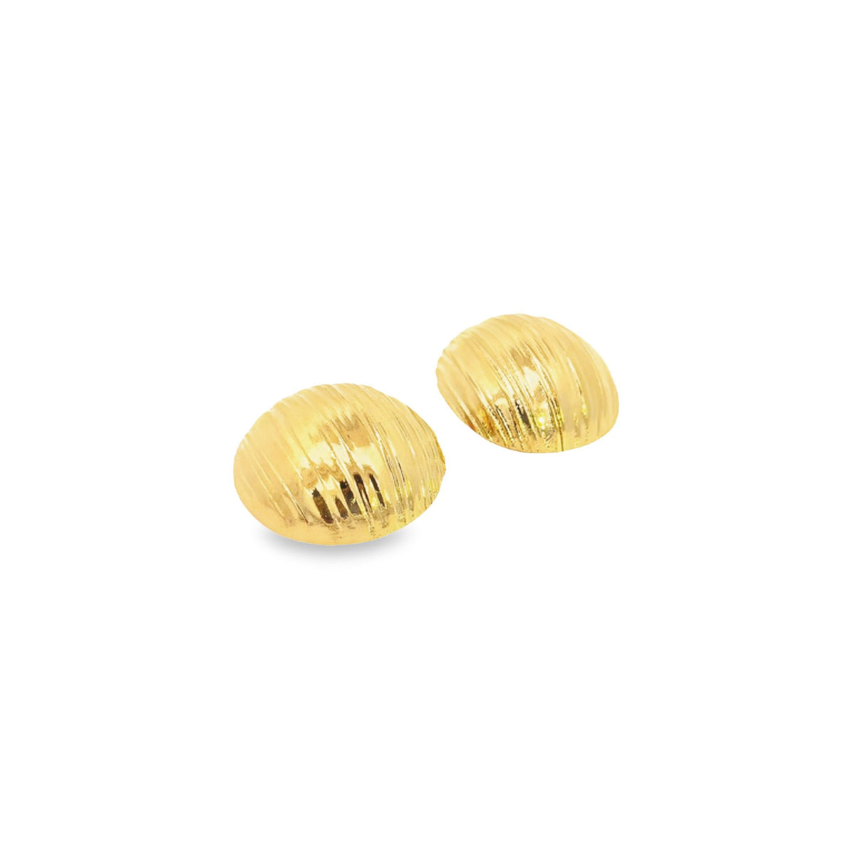 Two gold shell-shaped stud earrings rest side by side against a clean white background.