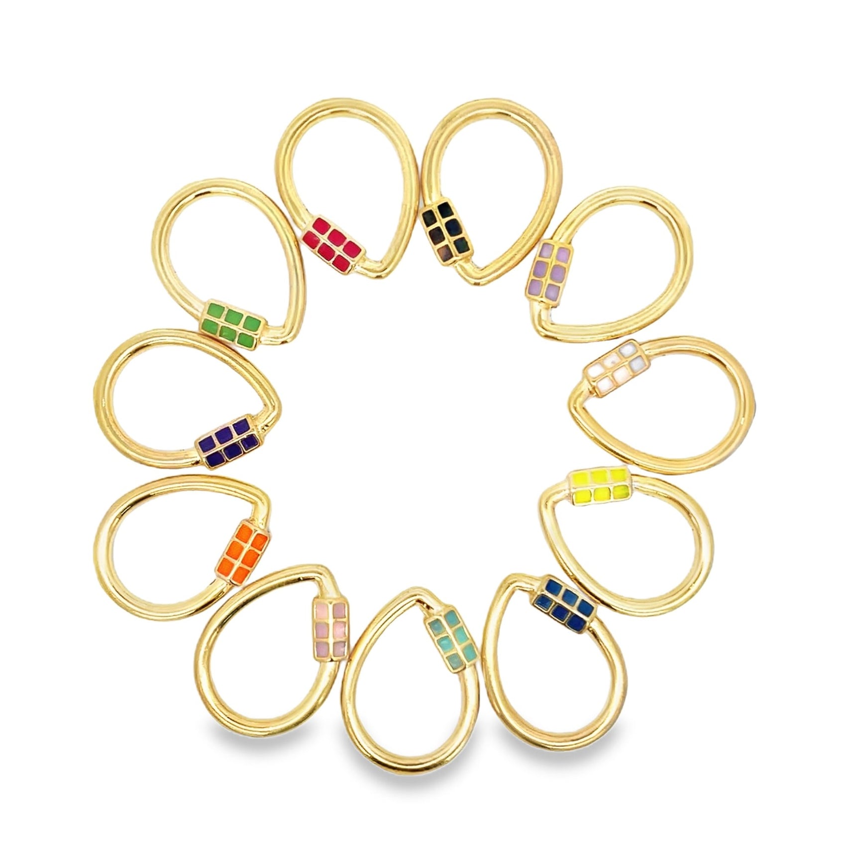 Ten teardrop-shaped gold charm locks, each featuring colorful enamel squares, arranged in a circle against a white background.