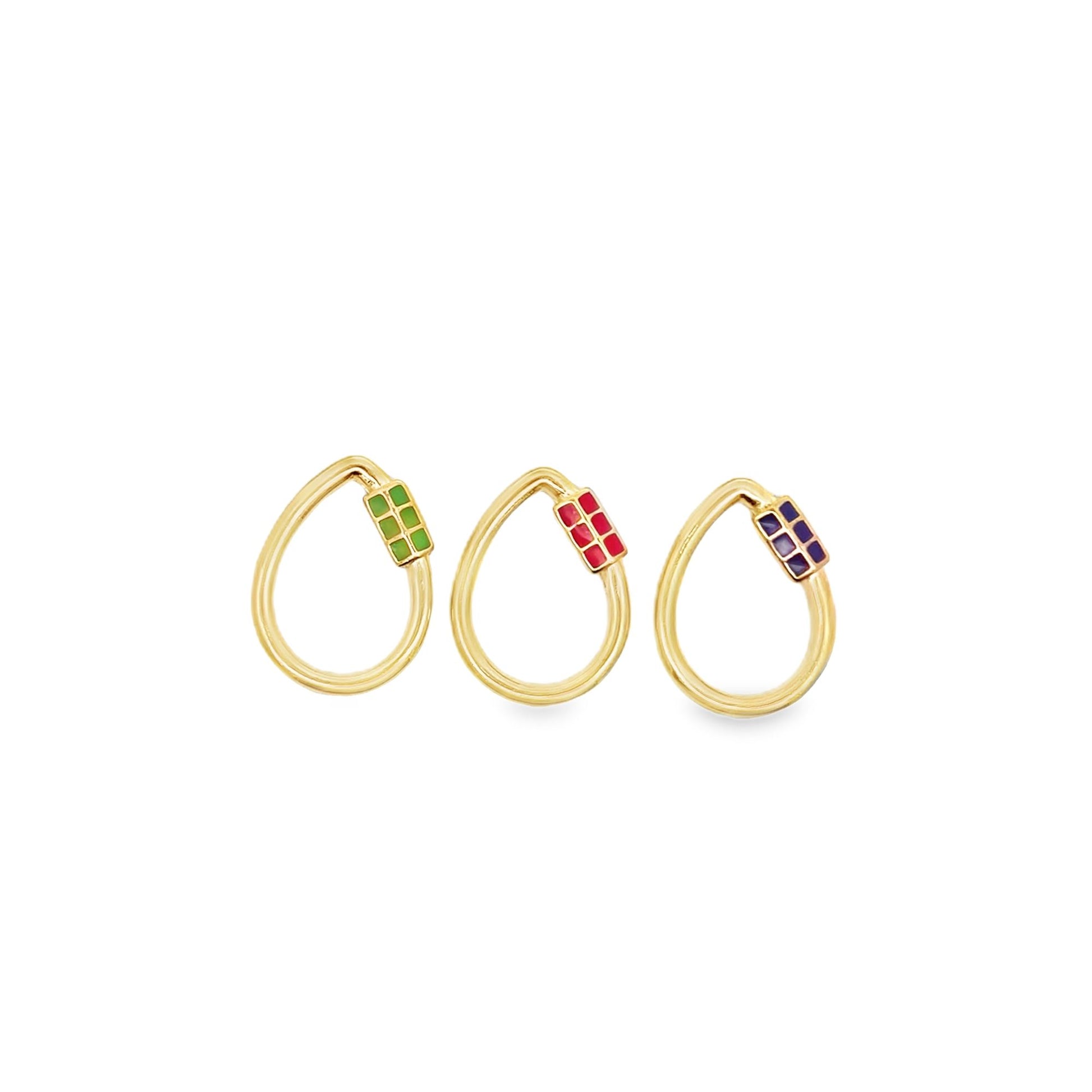 Three gold carabiner lock earrings feature vibrant enamel details in green, red, and purple against a clean white background.