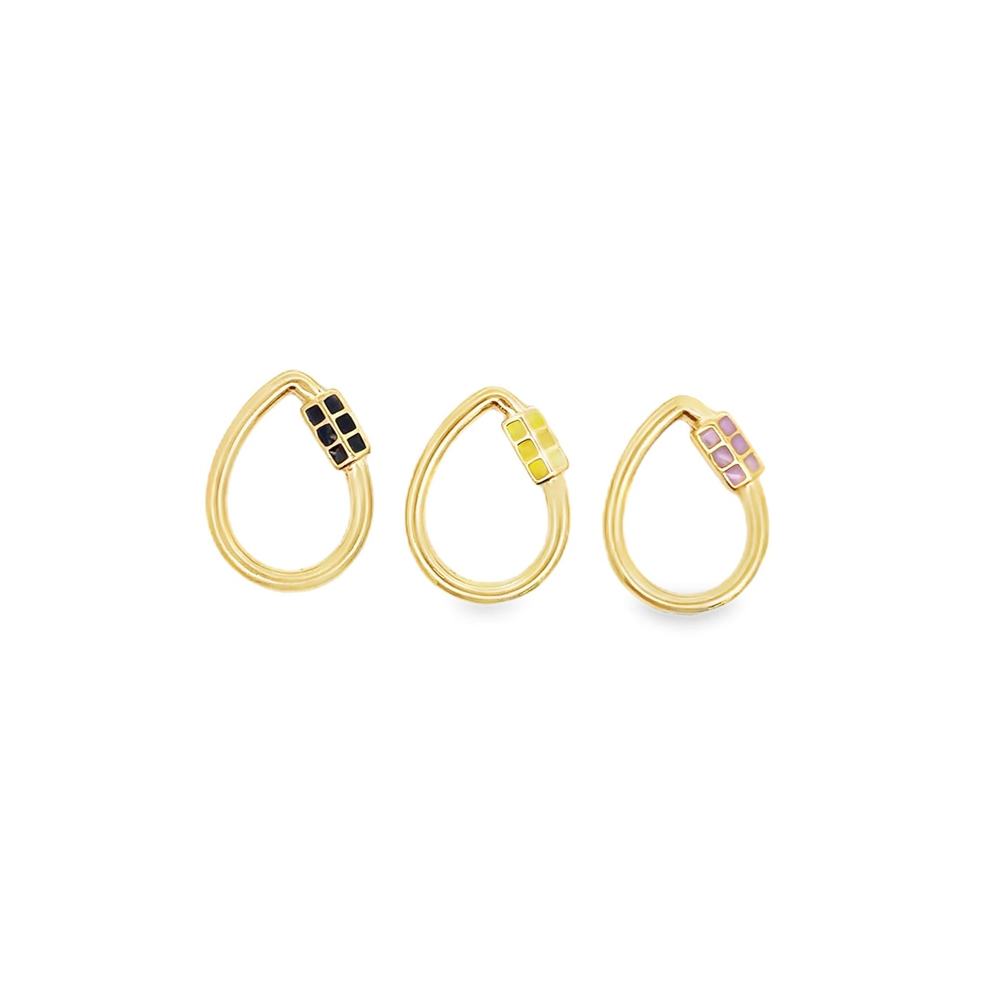 Three teardrop-shaped gold carabiner charm rings display black, yellow, and pink enamel accents.