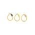 Three teardrop-shaped gold carabiner charm rings display black, yellow, and pink enamel accents.
