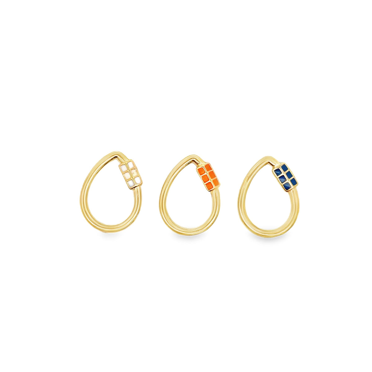 Three gold carabiner charm lock earrings feature white, orange, and blue enamel tile details.