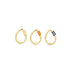Three gold carabiner charm lock earrings feature white, orange, and blue enamel tile details.