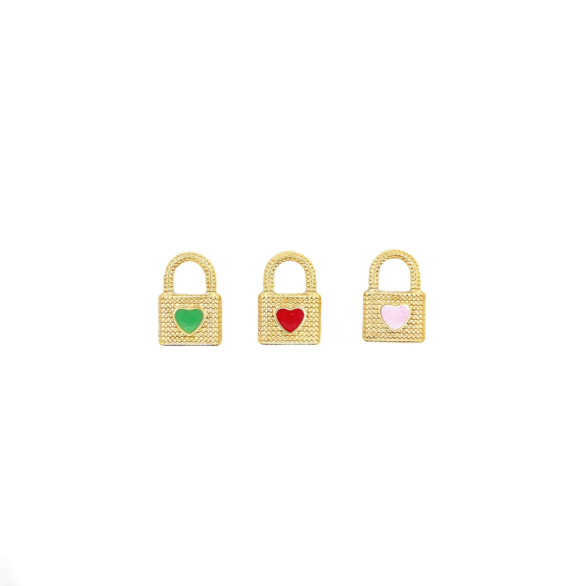 Three gold padlock pendants featuring textured surfaces and enamel heart accents in green, red, and pink display side by side against a white background.